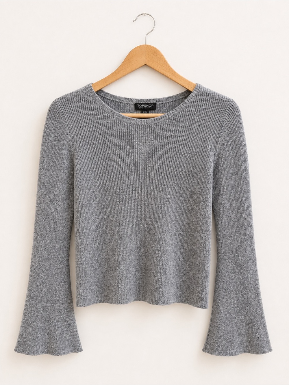 Topshop Gray/blue Ribbed Crewneck Sweater with Flared Sleeves
